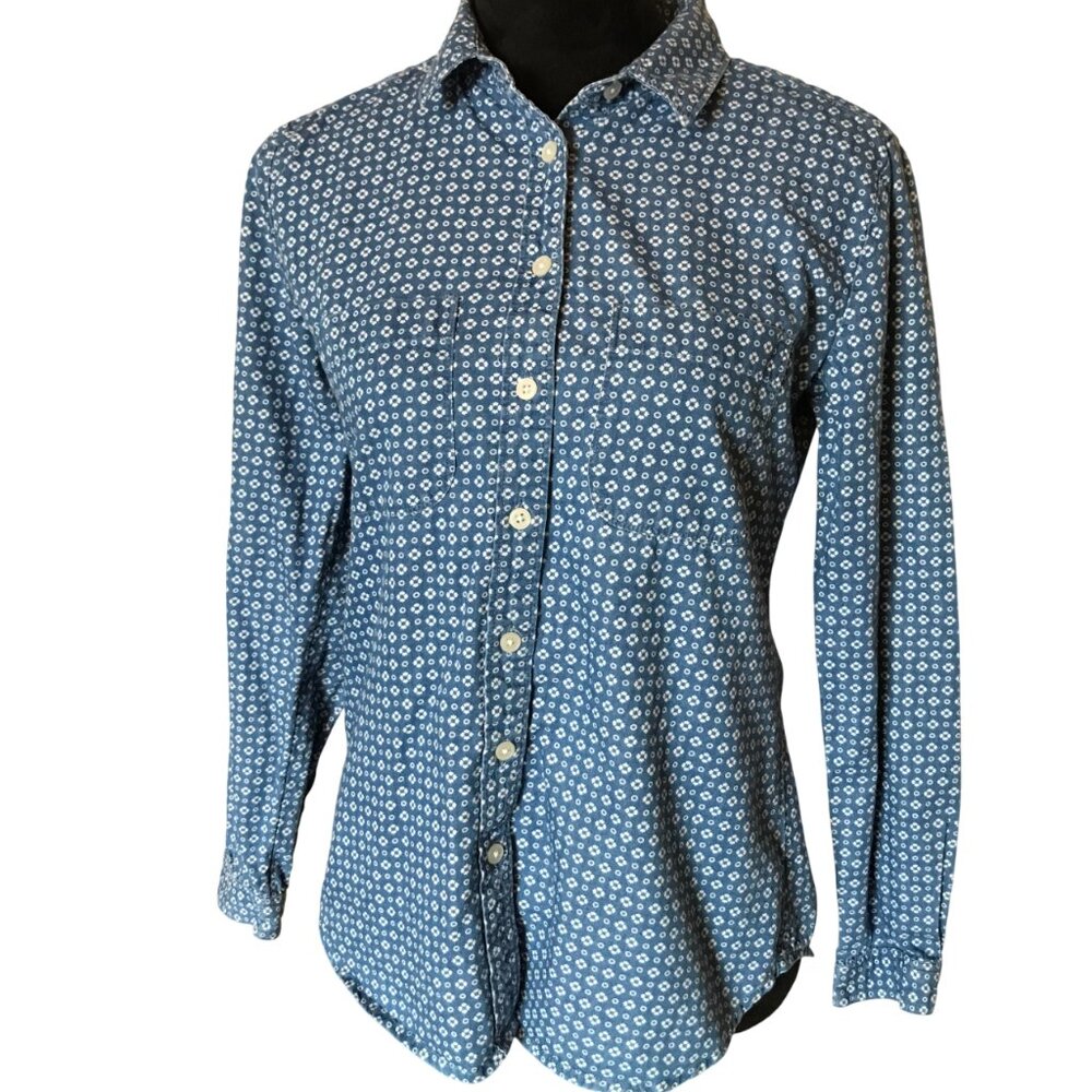 Loft Long-Sleeved Button-Down Shirt Blue White Geometric Floral Size Small